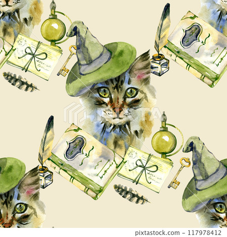 Bright hand-drawn seamless Halloween pattern. Mystical watercolor background with cat in a hat, spell book, feathers for wrapping paper, fabrics, packaging design, party, cover. 117978412