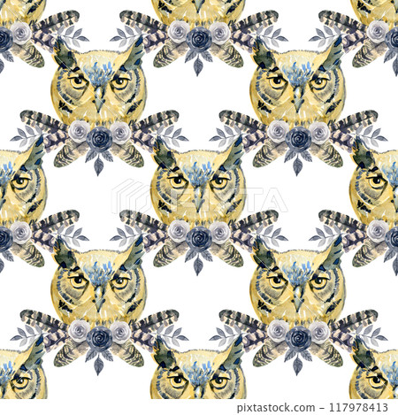 Beautiful seamless autumn forest pattern with watercolor hand drawn owl birds. Stock illustration. 117978413