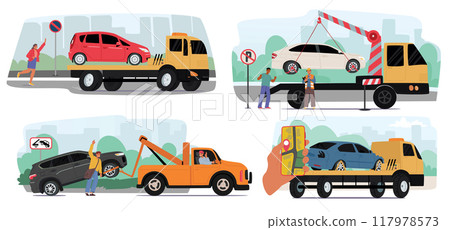 Tow Trucks Towing Cars In Different Scenarios Feature Scenes With Tow Trucks Lifting And Transporting Vehicles 117978573