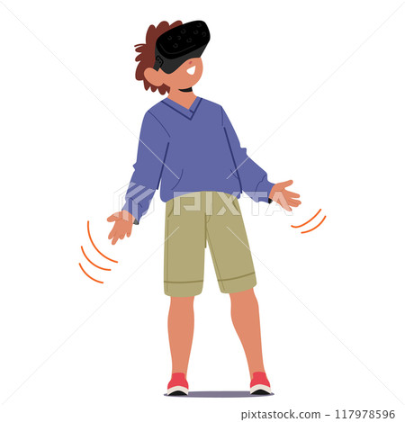Young Boy Wearing Vr Goggles And Immersed In A Virtual Reality Experience. Cartoon Child Looks Excited And Engaged 117978596