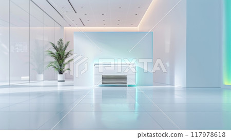A modern air conditioning unit stands prominently in a bright, minimalist office environment 117978618