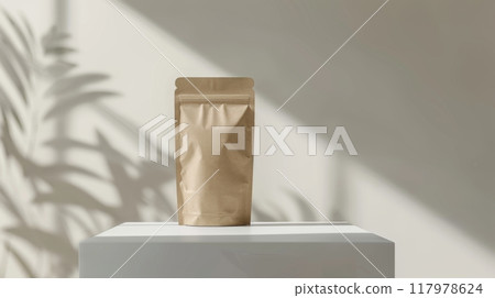 A brown paper bag stands on a white pedestal, bathed in natural light. A brown paper bag stands on a white pedestal, bathed in natural light. 117978624