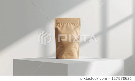 A simple brown paper bag stands upright on a white pedestal 117978625