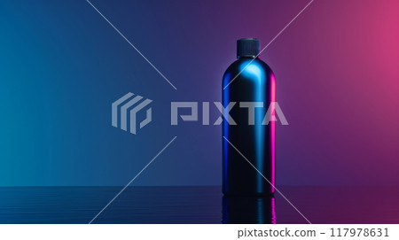 Bottle positioned centrally on reflective surface showcases the interplay of blue and pink lighting. 117978631