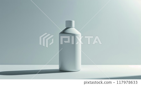 A white bottle with a simple, modern design is centrally placed on a smooth surface. A white bottle with a simple, modern design is centrally placed on a smooth surface. 117978633