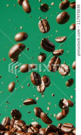 Coffee beans swirling and drifting in mid-air, each reflecting the light in a rich, glossy sheen. Coffee beans swirling and drifting in mid-air, each reflecting the light in a rich, glossy sheen. 117978636
