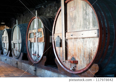 Barrels in wine cellar Barrels in wine cellar 117978642