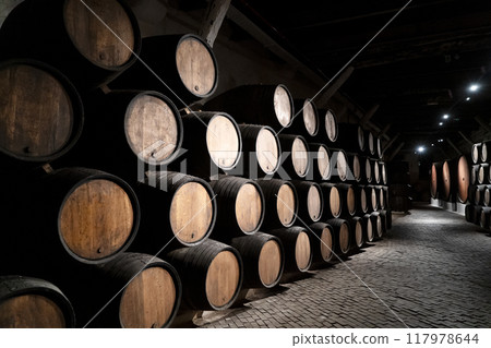 Barrels in wine cellar Barrels in wine cellar 117978644
