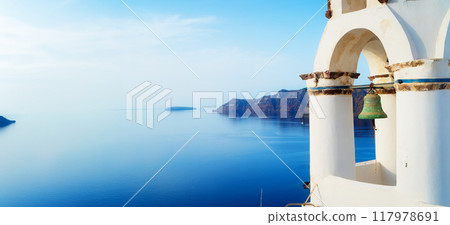 white belfries Santorini island, Greece 117978691