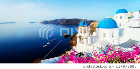 white belfries Santorini island, Greece white belfries Santorini island, Greece 117978693