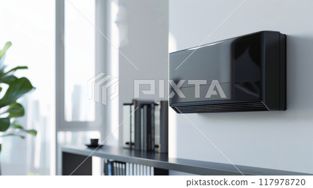 A sleek black air conditioning unit is installed on the wall of a contemporary living room. A sleek black air conditioning unit is installed on the wall of a contemporary living room. 117978720