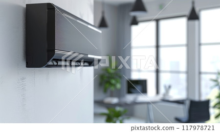 Air conditioning unit is installed on a wall in a stylish office space filled with natural light. Air conditioning unit is installed on a wall in a stylish office space filled with natural light. 117978721