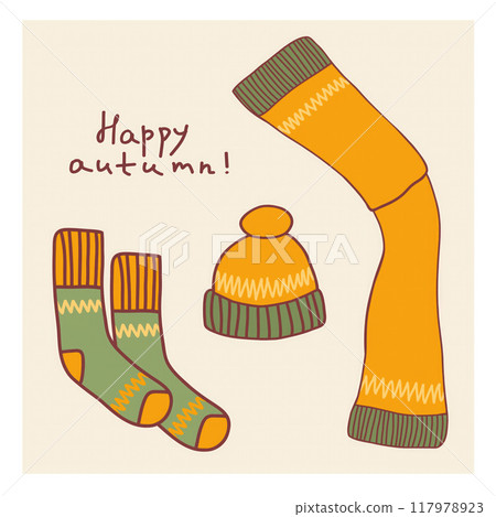 A playful arrangement of autumn-themed accessories showcases vibrant green and orange socks alongside a matching warm hat, perfect for cooler days. A playful arrangement of autumn-themed accessories showcases vibrant green and orange socks alongside a matching warm hat, perfect for cooler days. 117978923
