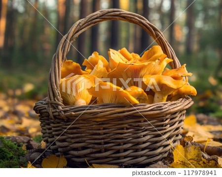 A basket brimming with vibrant golden chanterelle mushrooms sits among fallen leaves in a tranquil autumn forest, illuminated by soft sunlight filtering through the trees. A basket brimming with vibrant golden chanterelle mushrooms sits among fallen leaves in a tranquil autumn forest, illuminated by soft sunlight filtering through the trees. 117978941
