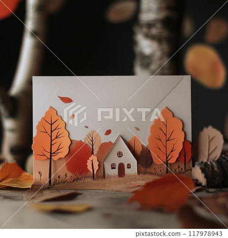 A charming autumn paper craft showcases a quaint house nestled among vividly colored trees as leaves gracefully drift down in warm hues, creating a serene atmosphere. 117978943