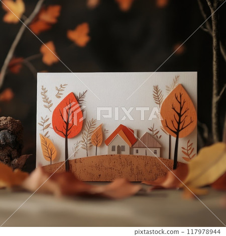 A charming autumn paper craft showcases a quaint house nestled among vividly colored trees as leaves gracefully drift down in warm hues, creating a serene atmosphere. 117978944