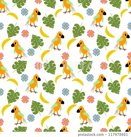 Pattern seamless wtih parrot, flowers, leaves, bananas. For children, fabric, wallpaper, for boys and girls 117978981