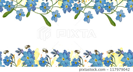 Watercolor blue seamless border with forget-me-not flowers and bumblebee on white background Watercolor blue seamless border with forget-me-not flowers and bumblebee on white background 117979042