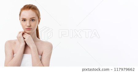 Beautiful woman female skin care healthy hair and skin close up face beauty portrait. Beautiful woman female skin care healthy hair and skin close up face beauty portrait. 117979662