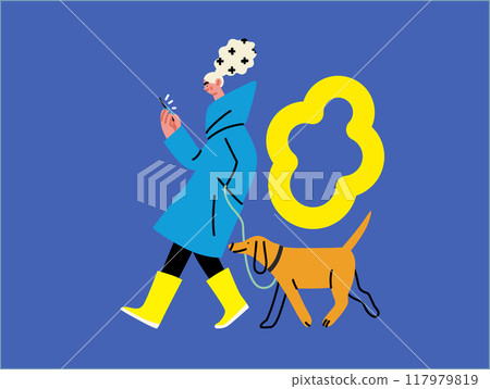 Creative workspace, modern flat vector concept illustration of a woman working on the phone walking with a dog Remote work, flexibility, independence, efficiency, mobility, synergy, freedom 117979819