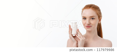 Beautiful Smiling Girl Taking Medication, Holding Bottle With Pills. Healthy Happy Female Eating Pill. Vitamins And Supplements,Diet Nutrition Concept 117979986