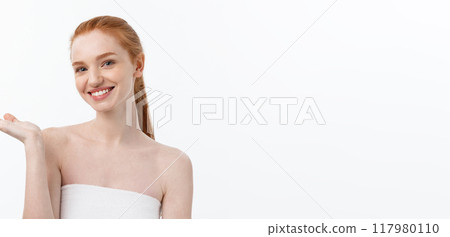 Happy beautiful girl is happy smiling and laughing look stright . Expressive facial expressions .Cosmetology and Spa , skin care model 117980110