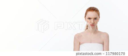 Portrait sad serious young woman with disappointed facial expression.. isolated on white background, looking at camera 117980170