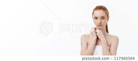 Beautiful woman female skin care healthy hair and skin close up face beauty portrait. Beautiful woman female skin care healthy hair and skin close up face beauty portrait. 117980564