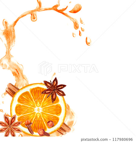 Slice of orange with cinnamon, star anise, cloves splashing in juice watercolor composition isolated on white. High quality hand drawn with texture great for winter drinks design, spice, tea packages Slice of orange with cinnamon, star anise, cloves splashing in juice watercolor composition isolated on white. High quality hand drawn with texture great for winter drinks design, spice, tea packages 117980696