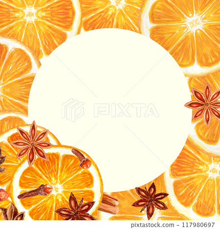 Cinnamon, star anise, cloves orange watercolor frame isolated on white. High quality hand drawn realistic art with detailed texture. Perfect for culinary projects, cards, menu, food logo, Christmas 117980697