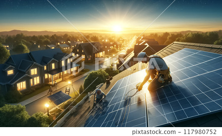 Against the backdrop of a dramatic sunset, a technician in safety gear meticulously installs solar panels, enhancing the neighborhood's shift to renewable energy. 117980752
