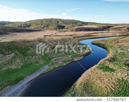 Aerial view of a stream along the northernmost Soya National Highway 117980767