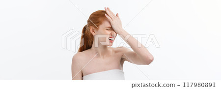Portrait sad serious young woman with disappointed facial expression.. isolated on white background, looking at camera 117980891