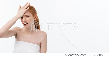 Portrait sad serious young woman with disappointed facial expression.. isolated on white background, looking at camera 117980899