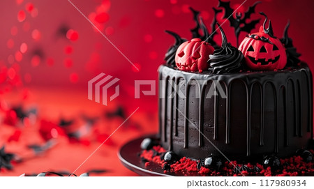 A spooky Halloween black cake with red decorations, a vibrant red background 117980934