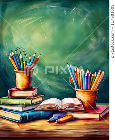 Vibrant watercolor painting of stacked books and cups with pencils on a desk 117981605