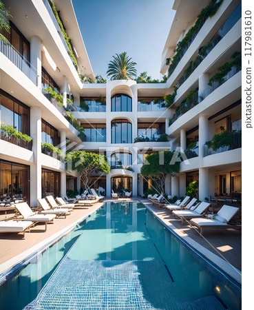 Lush hotel poolside with modern architecture under clear skies 117981610