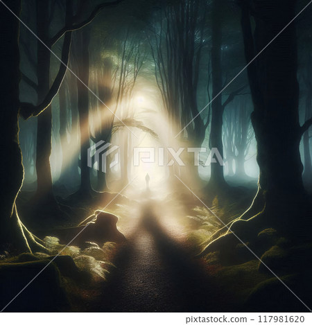 Mystical forest scene with sunbeams, lone figure, and lush greenery Mystical forest scene with sunbeams, lone figure, and lush greenery 117981620