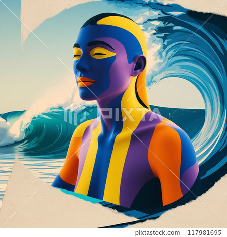 Portrait of a young woman with creative colorful makeup. Colorfully painted man and background. 117981695