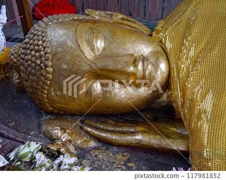 The faces of the two reclining Buddhas enshrined in the Nirvana Hall of Kushinagar, a Buddhist holy site in India - photographed in 2000 The faces of the two reclining Buddhas enshrined in the Nirvana Hall of Kushinagar, a Buddhist holy site in India - photographed in 2000 117981852