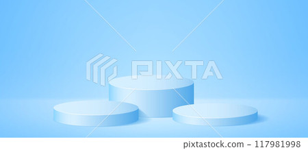 Three podium background in light blue color. Studio 3d platform stage concept. Soft cylinder pedestal scene for poster, banner, mockup design, product template, showcase display. Vector Three podium background in light blue color. Studio 3d platform stage concept. Soft cylinder pedestal scene for poster, banner, mockup design, product template, showcase display. Vector 117981998