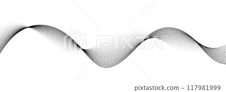 Dotted wave line background. Black halftone undulate pattern. Abstract particle flow wave wallpaper. Curved dashed gradient net design element for poser, banner, presentation, booklet, flyer. Vector Dotted wave line background. Black halftone undulate pattern. Abstract particle flow wave wallpaper. Curved dashed gradient net design element for poser, banner, presentation, booklet, flyer. Vector 117981999