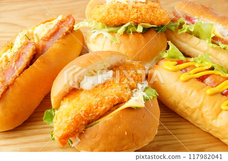 Deli burger, hot dog, shrimp cutlet Deli burger, hot dog, shrimp cutlet 117982041