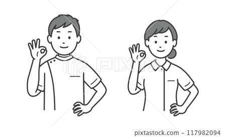 Upper body illustration of a male and female nurse making an OK pose and putting their hands on their hips 117982094