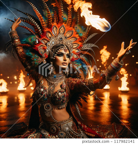 Vibrant costume with flames, embodying cultural festivity 117982141