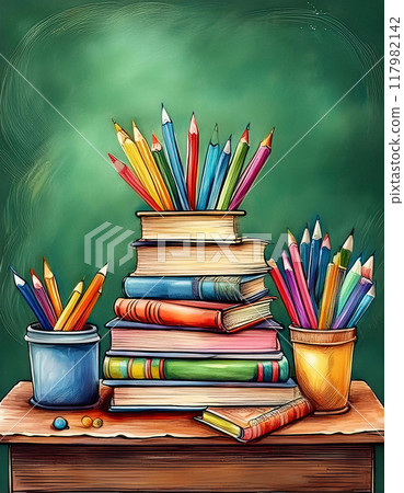 Vibrant watercolor painting of stacked books and cups with pencils on a desk 117982142