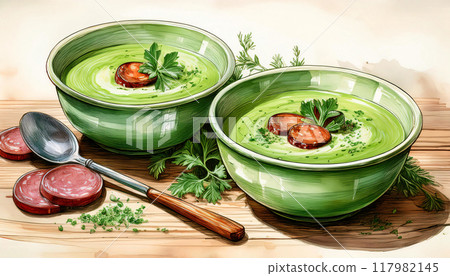 Vibrant illustration of two bowls of soup with garnish on a wooden board 117982145