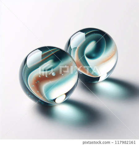 Two marbles with swirling blue and brown patterns on a white surface 117982161
