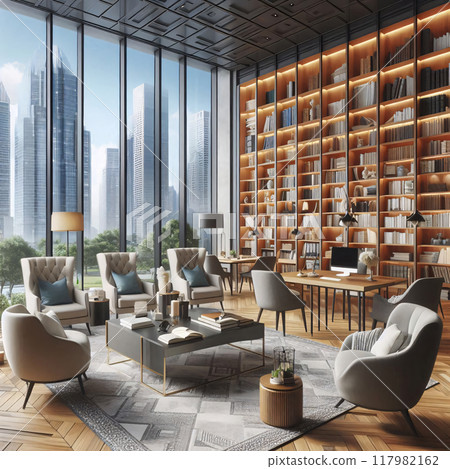 Modern interior design of a high-rise apartment with skyline views 117982162