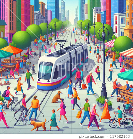 Vibrant cityscape with tram, bustling crowd, and diverse activities 117982163